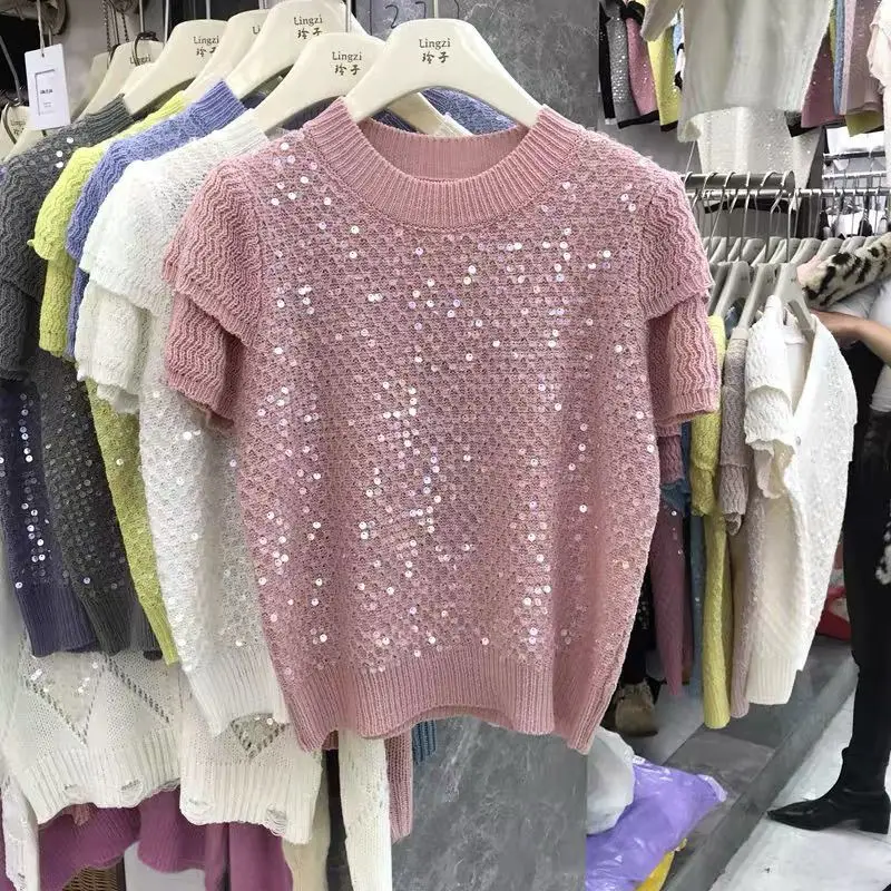 Short Sleeve Sequins Sweater for Women Summer O-neck Pink Knitted Pullover Tops Elegant Chic Ladies Jumpers Knitwear Shirt Q906