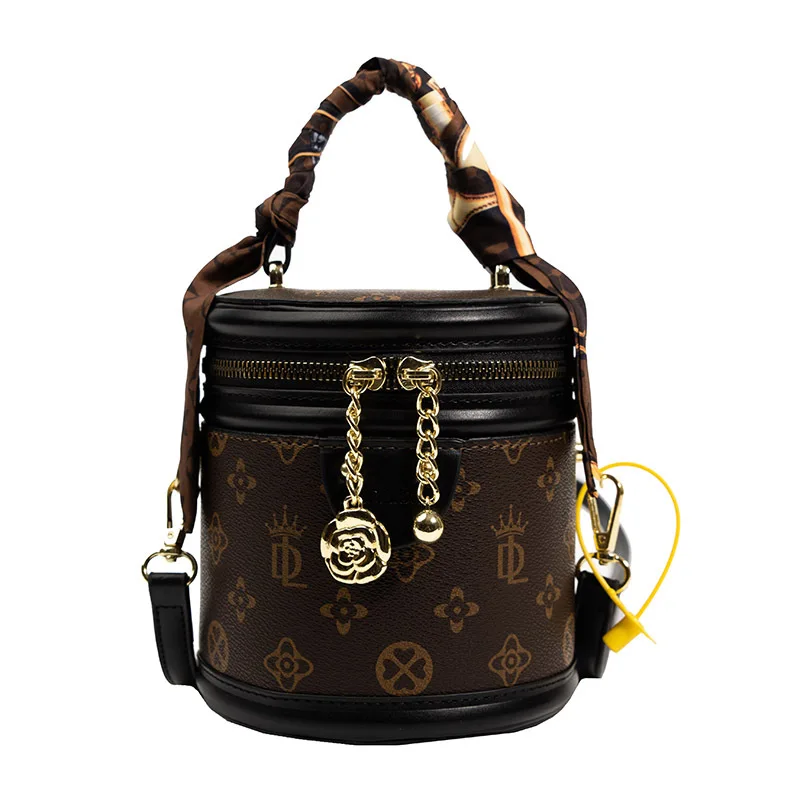 Texture Portable Bucket Bag for Women Retro Printed Cylinder Shoulder Bag Luxury Purses and Handbags Crossbody Bag Cute Satchel