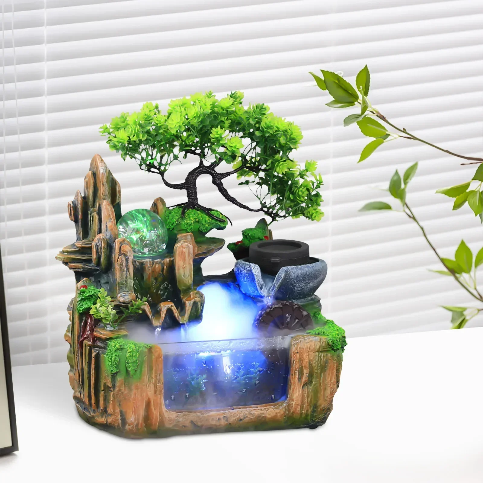 L # Rockery Fountain Small Rockery Water Fountain Indoor With LED Lamp Atomization Effect, Suitable For Living Room Bedroom