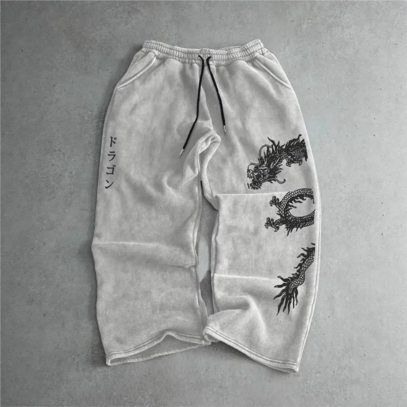 Retro Y2K Men and Women Printed Wide-leg Pants, Dragon pattern Logo Sports Long Pants, Street Cool and Trendy Autumn Men's Gifts