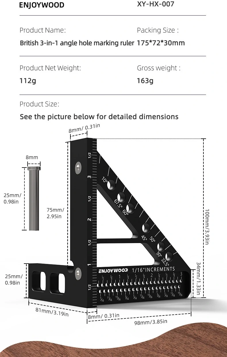 ENJOYWOOD 3D Multi-Angle Measuring Ruler Square Protractor Hole Positioning Inch/MM Aluminum Alloy T-Type Triangle Scriber Tool