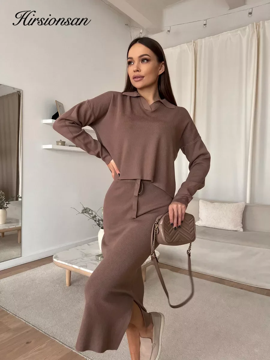Hirsionsan Elegant Soft Vintage Women Dresses Suits 2 Pieces Female Skirt Sets O Neck Sweater & Midi Dress Knitted TrackSuit