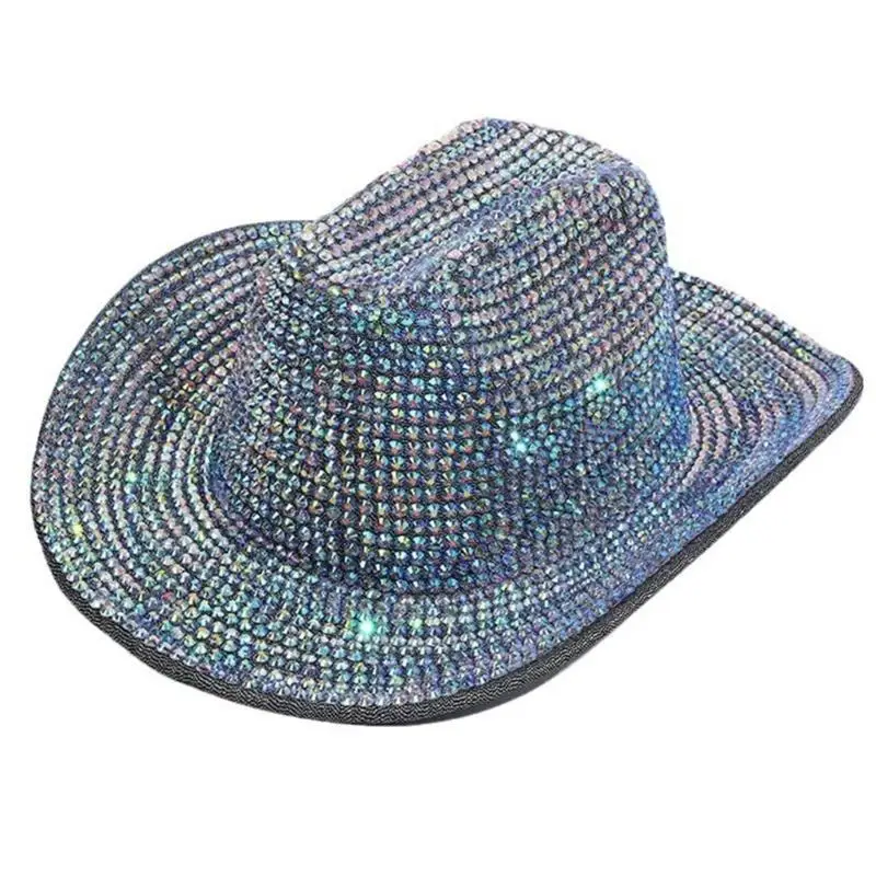 31BB Eye-catching Crystal Cowboy Hats Bride Hat Panama Hat for Bachelorette Party Cowboy Hats for Club Stage Shows