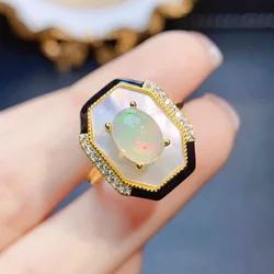 FS Real S925 Sterling Silver 6*8mm Natural Opal Ring With Certificate Fine Charm Wedding Jewelry for Women MeiBaPJ