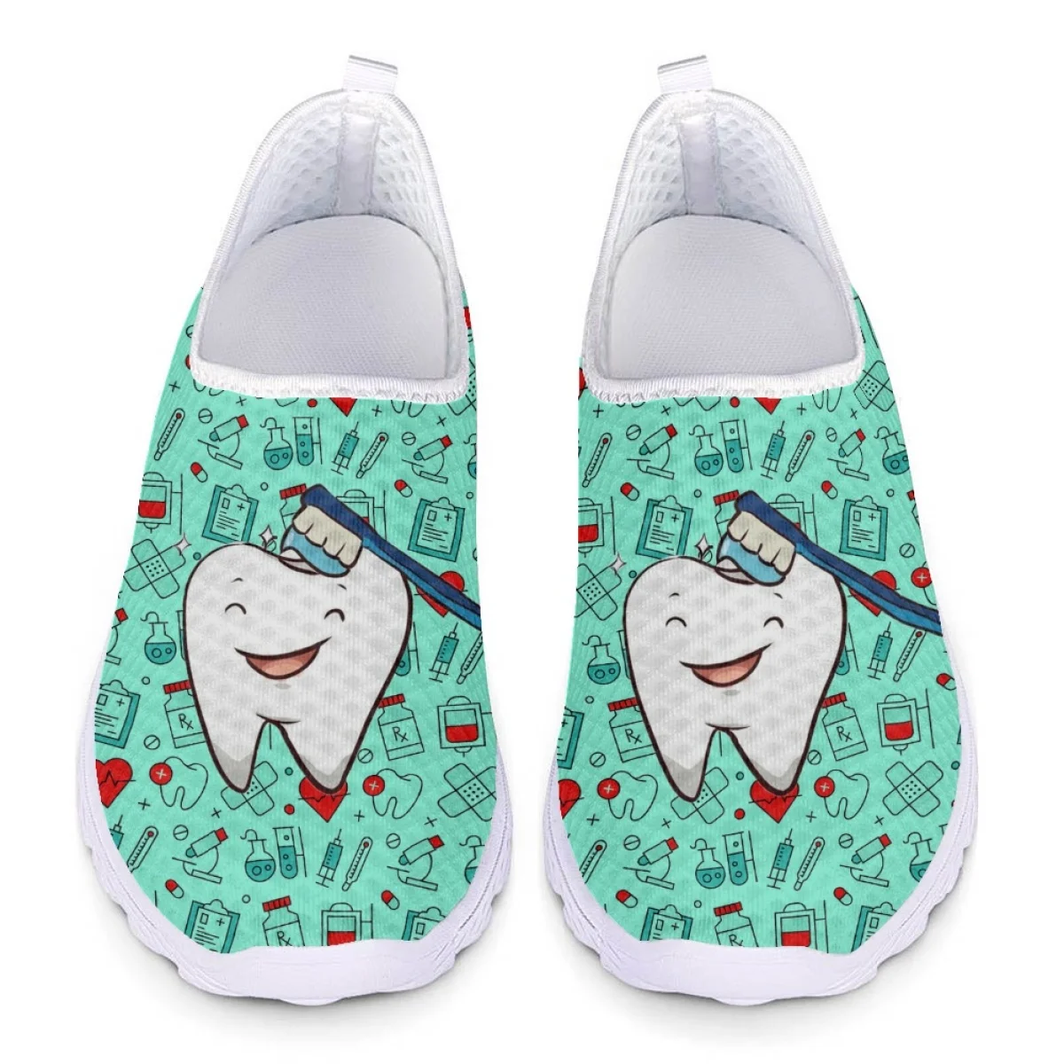 Cartoon Teeth Pattern Loafers Women Slip On Medical Icon Protection Teeth Print Mesh Sneakers Protective Versatile Walking Shoes