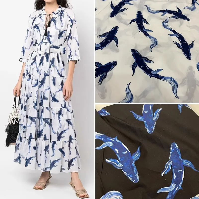 Europe And America Fashion Fish Pattern Printed Cotton Fabric For Women Dress Blouse Handmade DIY Cloth Sewing