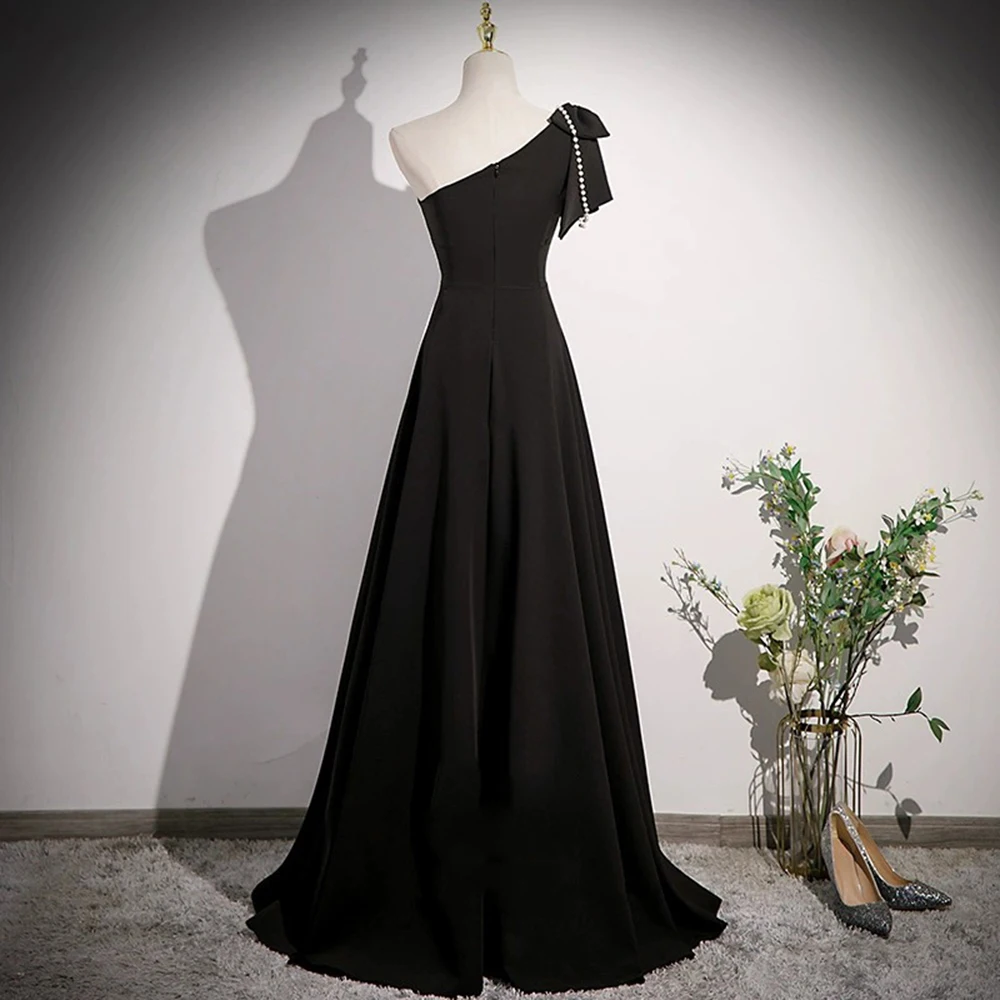 Elegant Simple Black Evening Dresses Women's One Shoulder Diagonal Collar Beading Ribbon Bow Design Gown A-Line Long Vestido