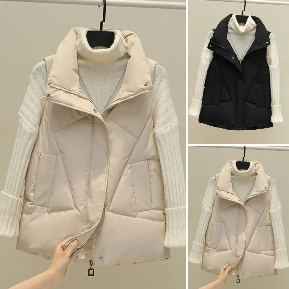 Thick Padded Waistcoat Thickened Padded Women's Winter Vest Coat Warm Stand Collar Waistcoat with Zipper Closure Pockets