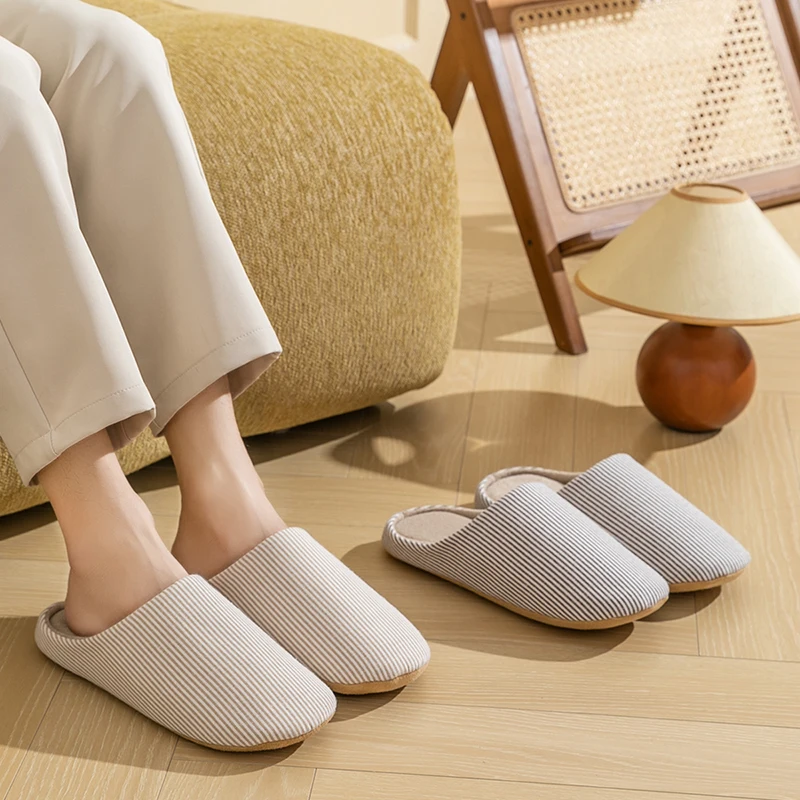 Women's House Stripes Slippers for Spring Autumn Non-Slip Soft Sole Indoor Slides, Cozy Floor Shoes,Quiet Bedroom Soft Slippers