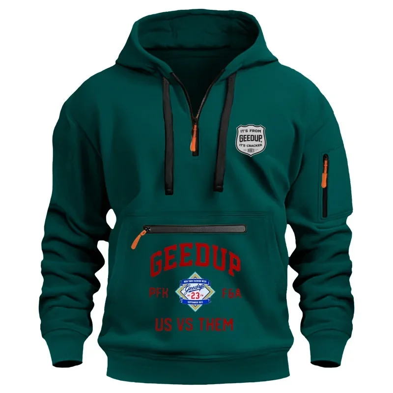 

2025 Men's Casual Sports Hoodie Spring and Autumn Fashion Arm Pocket Drawstring Loose Long-sleeved Men's European Size Pullovers