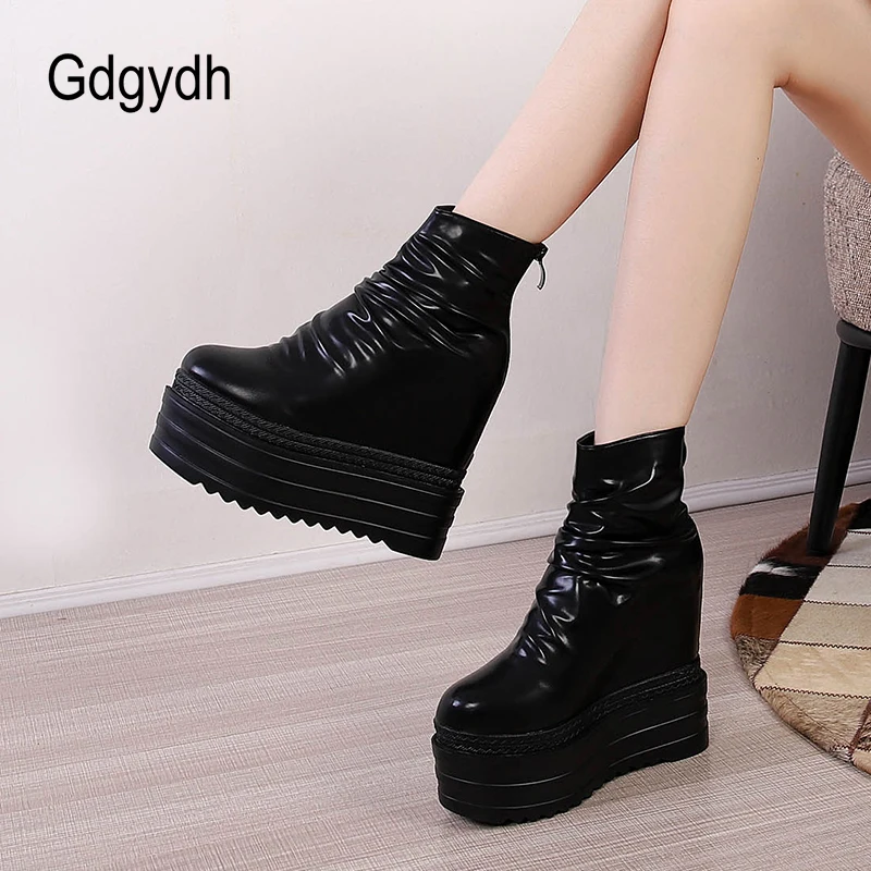 Gdgydh Womens Chelsea Boots Black Creeper Platform Wedge Heel Sponge Cake Muffin Inside Fashion Pleated Short Plush Ankle Boots 