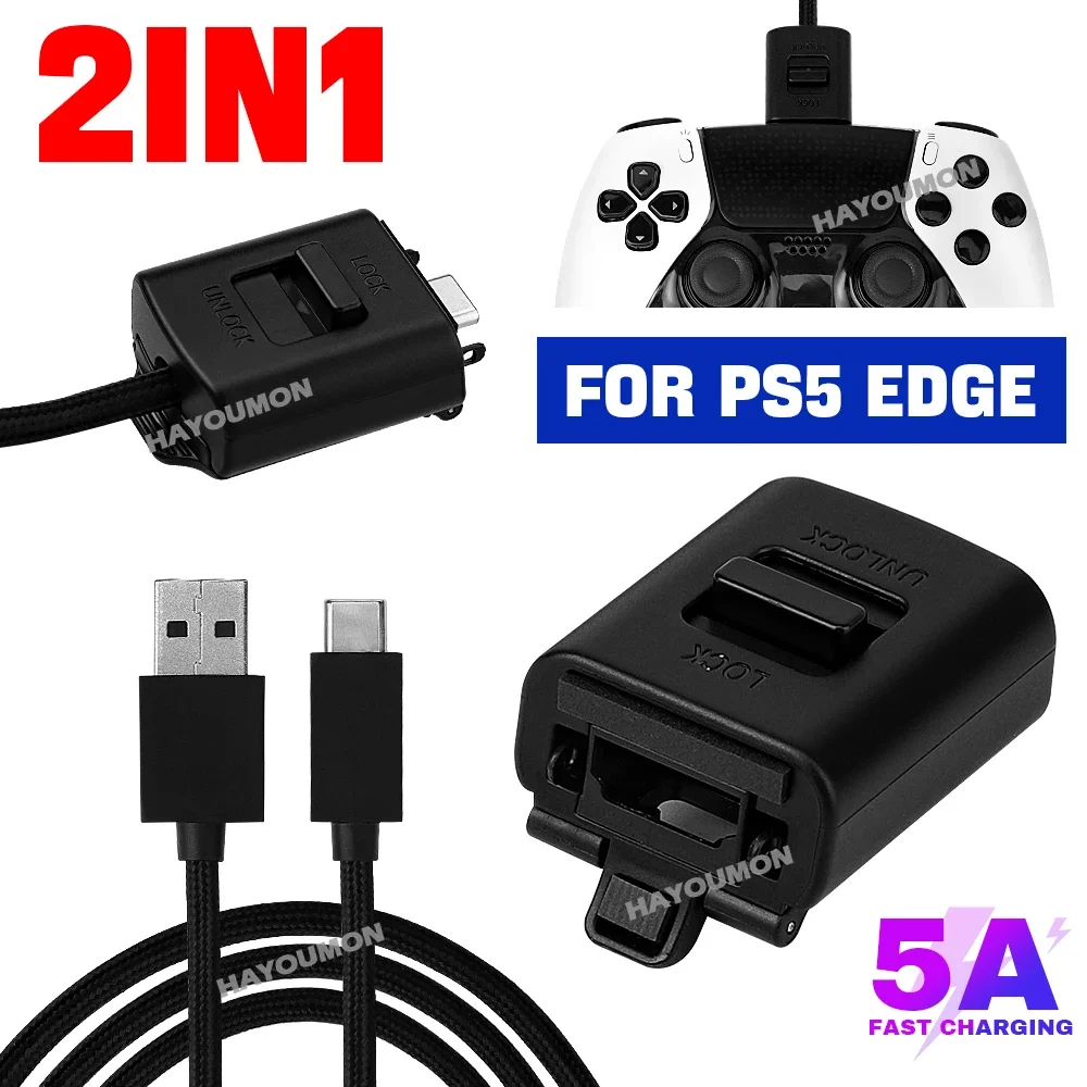 2 IN 1 Replacement USB-C Cable & Locking Connector Kit for PS5 Edge Controller 2.8M Braided Charging Cable with Anti-Unplug Lock