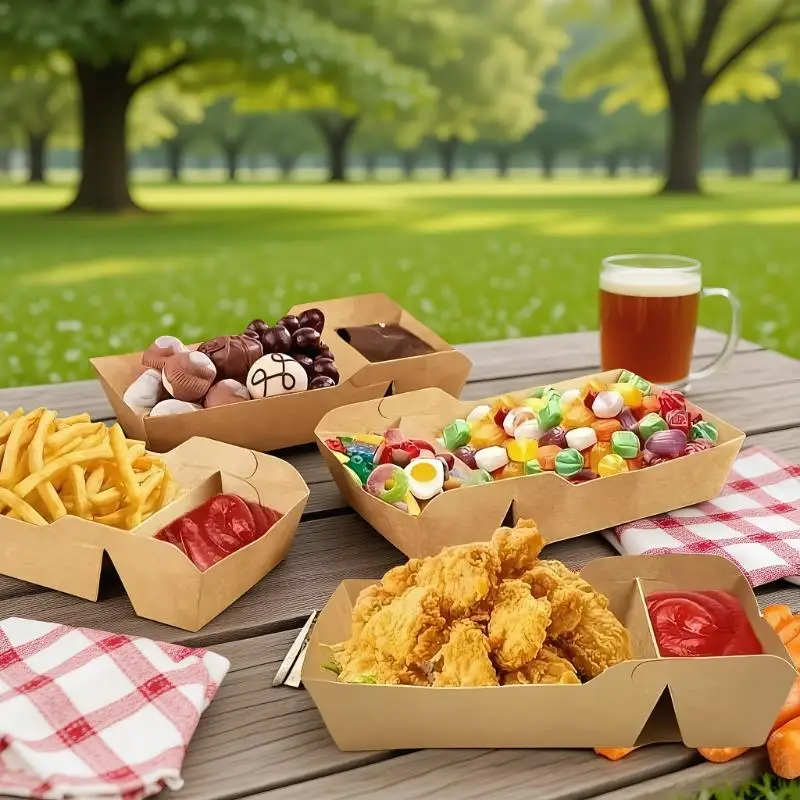 50pcs Disposable Kraft Paper Food Serving Tray Two Grids Snack  Chicken Salad Carton Take Out Containers For Party