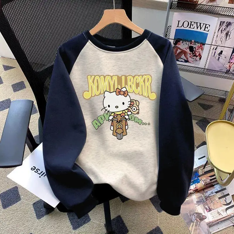 Kawaii Sanrios Hellokitty Hooded Sweatshirt ผู้หญิงเสื้อการ์ตูนพิมพ์ฤดูใบไม้ร่วงและฤดูหนาวกํามะหยี่หนาคู่สวมใส่สบายๆ