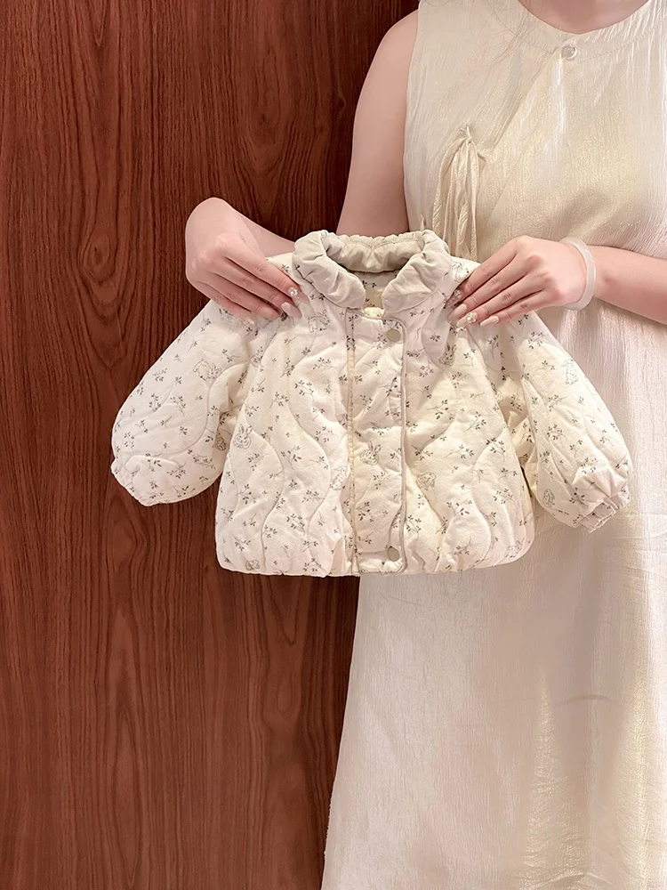 

Korean Sle Girls Cotton Jaet Warm Floral Print Baby Toddler Autumn Winter Top Coat Straight Cut Long Sve Stand Collar