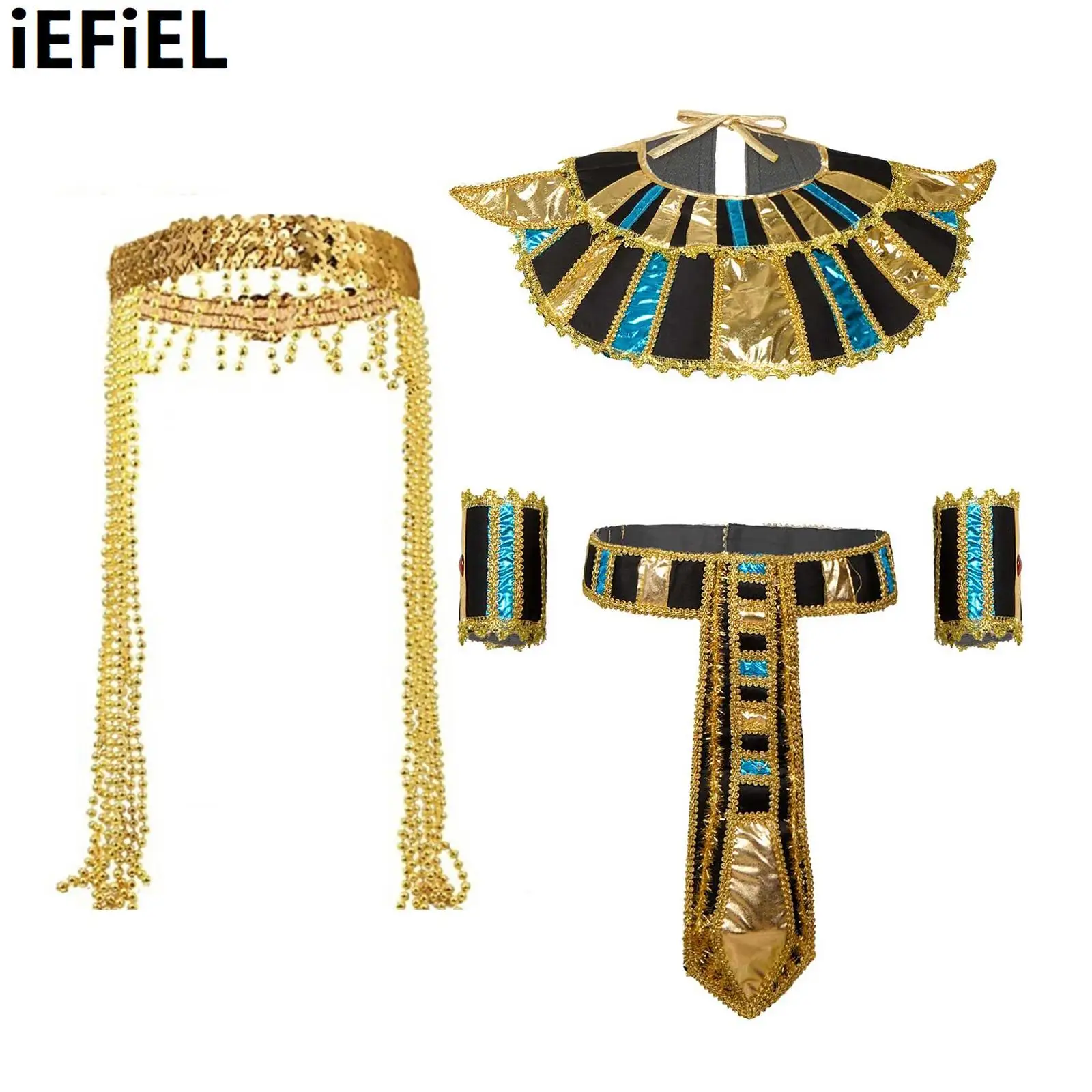 Egyptian Pharaoh Cleopatra Roleplay Costumes Headwear Neck Collar Waist Belt with Wrist Bands King Queen Cosplay Accessories