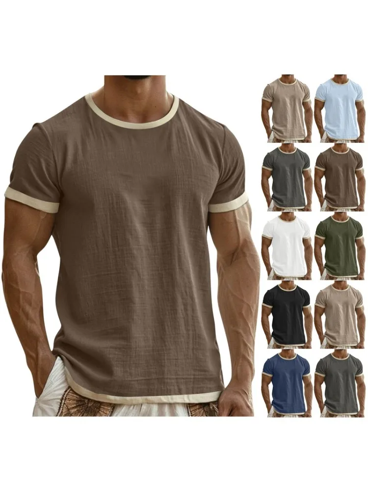 Sommer Herren Baumwoll-Leinen T-Shirt Einfache Kontrastfarben Weiche Hochwertige T-Shirts Lässiger O-Ausschnitt Sport Kurzarm-T-Shirts