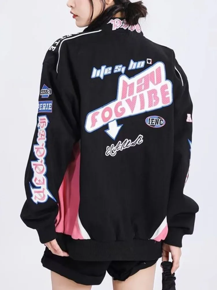 Printed Harajuku Goth Pink Coat Women Y2k Fashion Spring Autumn Jacket Women Punk Jacket Locomotive Racer Jackets For Women