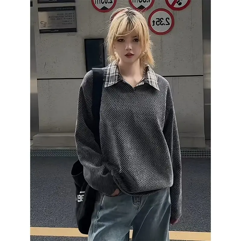 

Ins Art Простой и популярный новый стиль Harajuku Модный тренд ПОЛО с длинными рукавами Ленивый темперамент Универсальная японская пара