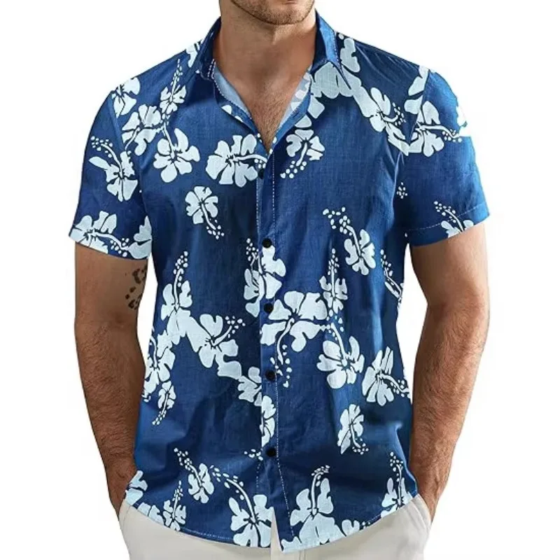 Slub Linen Breathable Short Sleeve Shirt Men's Summer Sunflower Print Casual Shirt