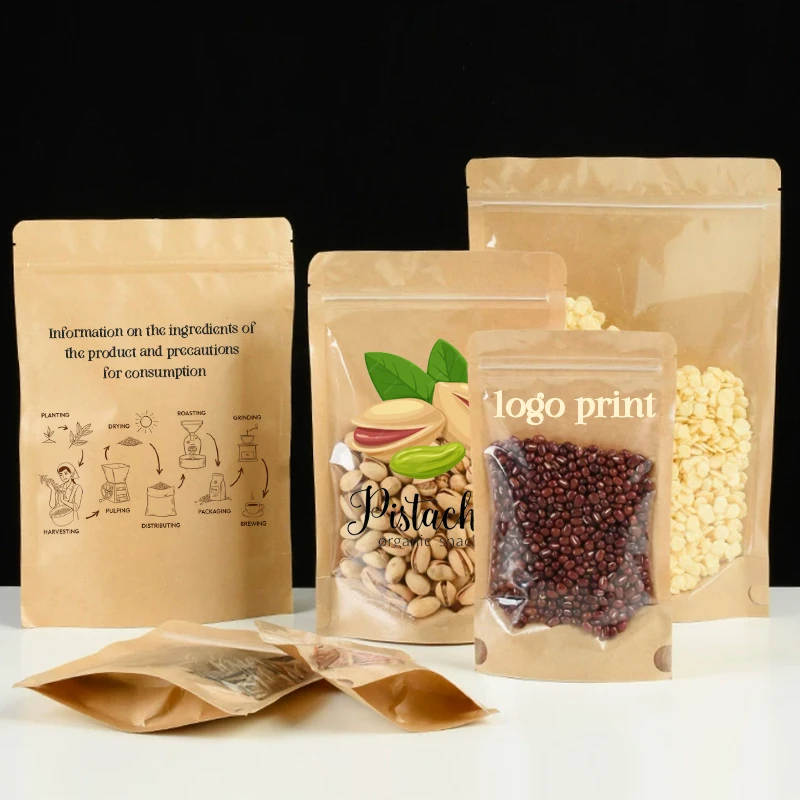 Food Grade Customized Logo Doypack With Zip Kraft Paper Bag,Tea Grain, Seeds, Nuts Rice Stand Up Bag