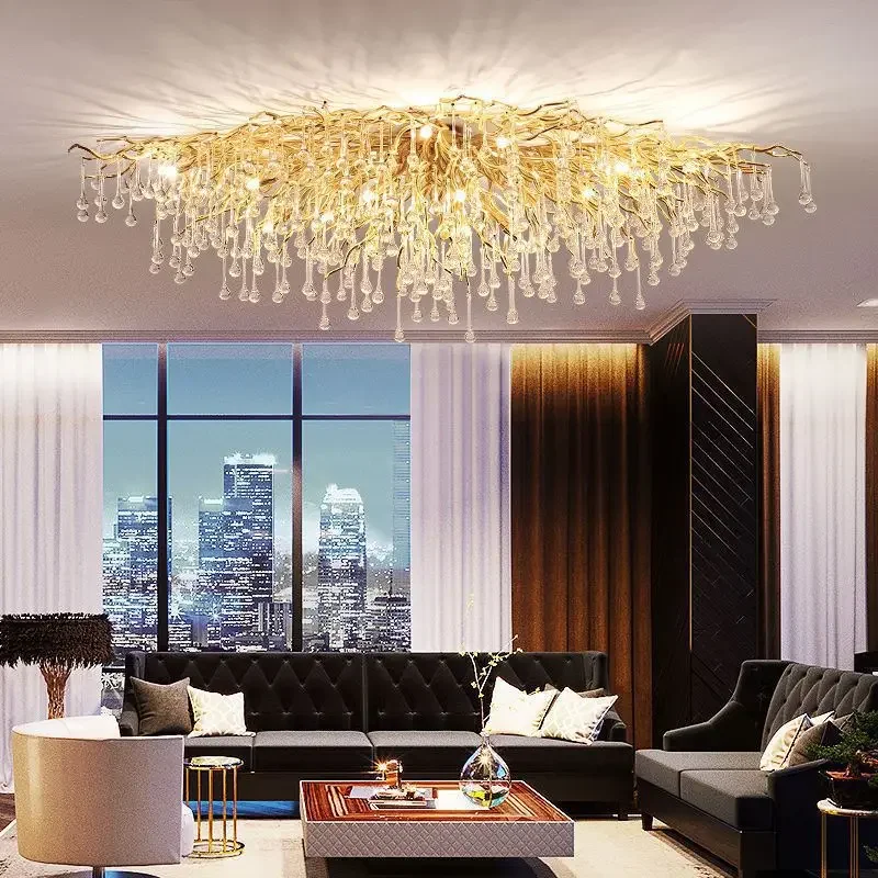 Modern Luxury Copper Branch Water Drop Crystal Chandelier Restaurant Villa Hall Round Living Room Salon Chandeliers Ceiling