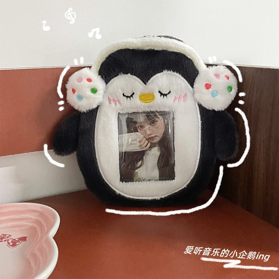 Kawaii Plush Penguin soporte para sesión fotográfica Kpop de 3 pulgadas, soporte peludo para tarjetas fotográficas, bolso colgante, papelería escolar