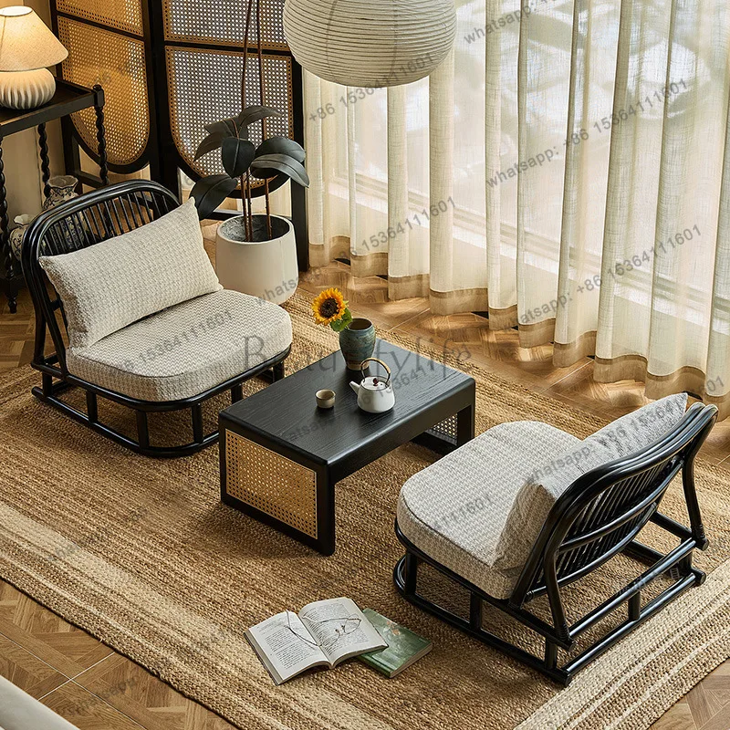 Rattan tatami tea table and chair living room with soft bag retro black low table and chairs