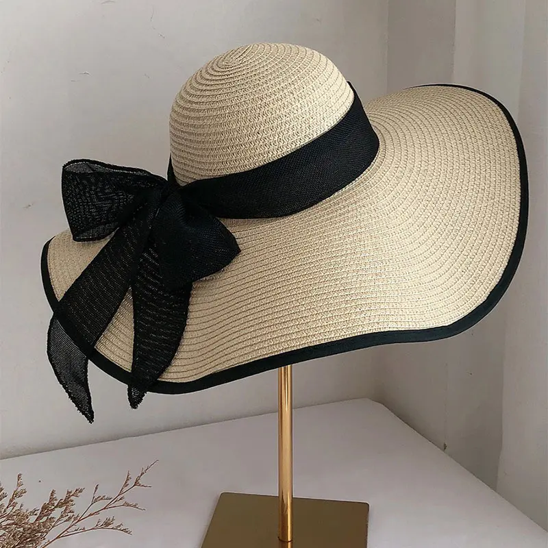 Summer Women Straw Hat Bowknot Wide Brim Floppy Panama Hats Female Lady Outdoor Foldable Beach Sun Cap