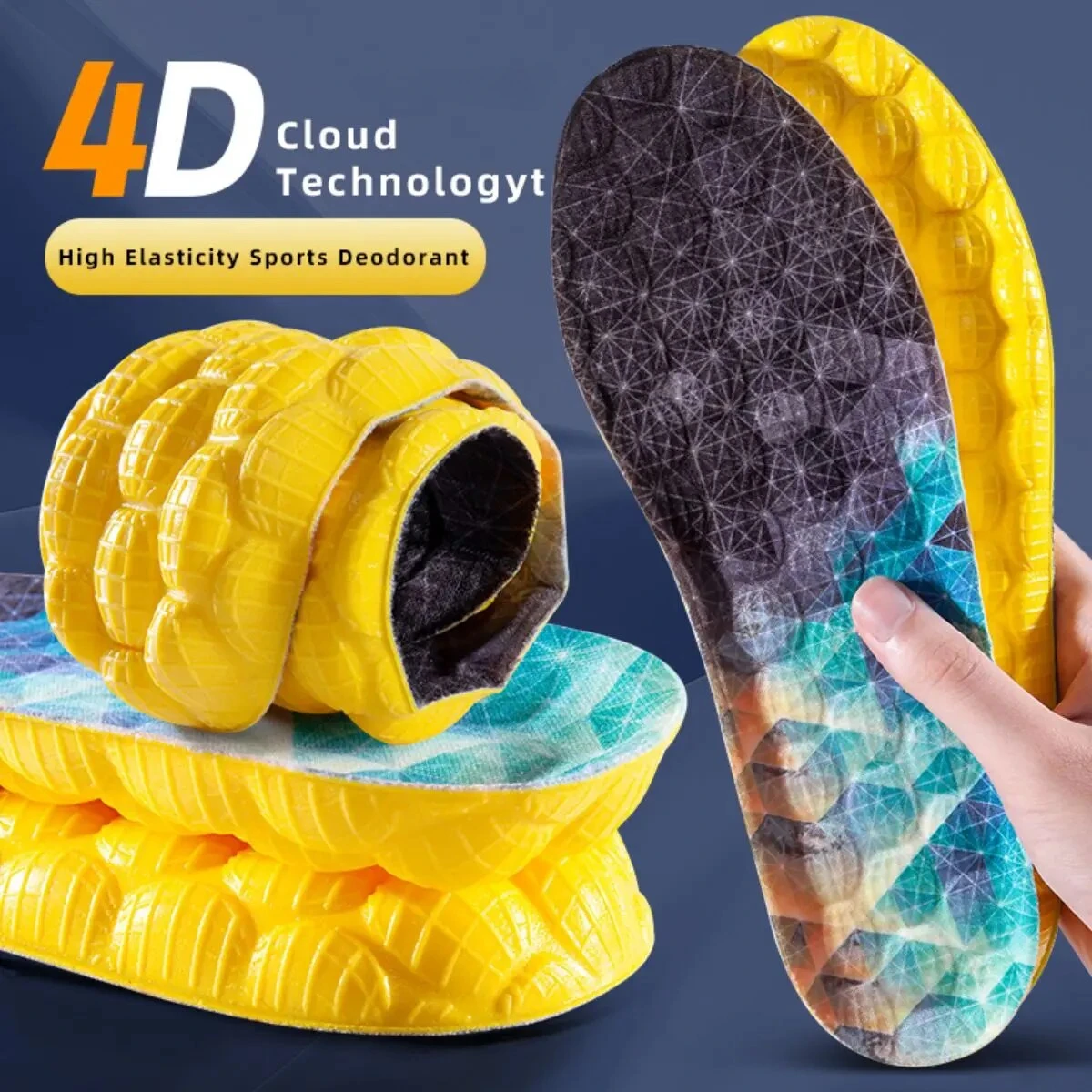 Palmilhas esportivas 4D Cloud Technology para sapatos, desodorante de alta elasticidade sola PU, palmilha para pés, running para homens, 1 par