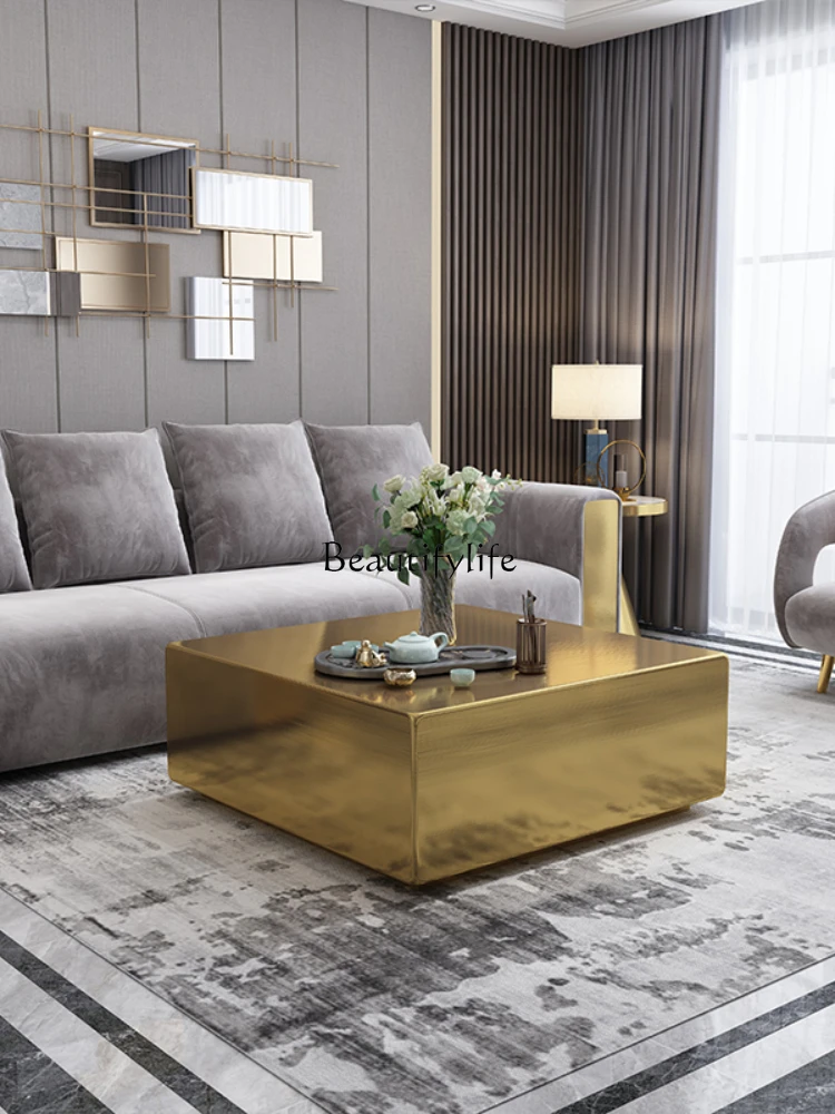 Coffee table stainless steel brushed gold square luxury atmosphere simple high-end coffee table