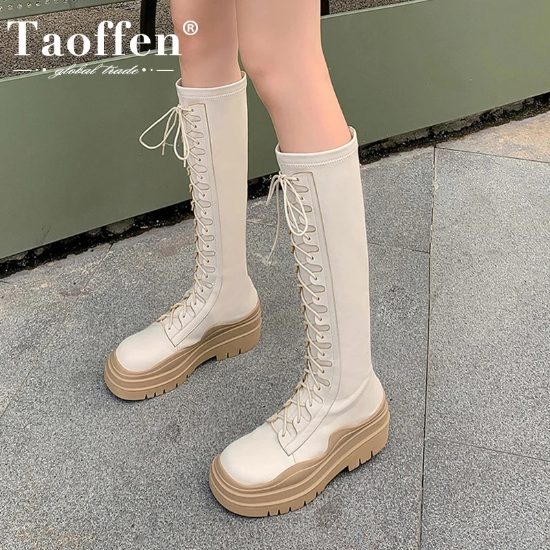 

Taoffen Size 33-40 2023 New Arrival Women Knee Boot Real Leather Women Shoes Winter Fashion Lace Up Female Long Boot Footwear