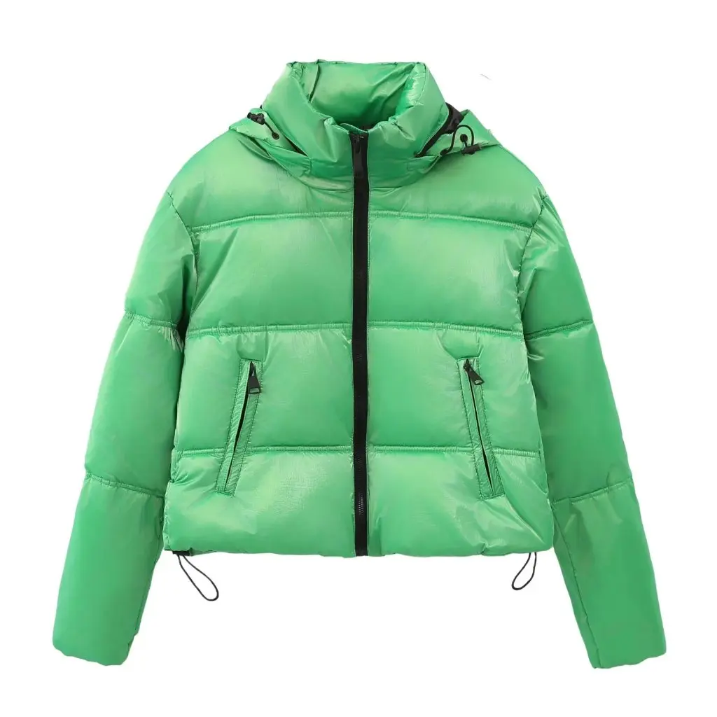 

Women's Cotton-Padded Jacket Coat European American Style Hooded Long Sleeve down Cotton Collar Bright Outerwear