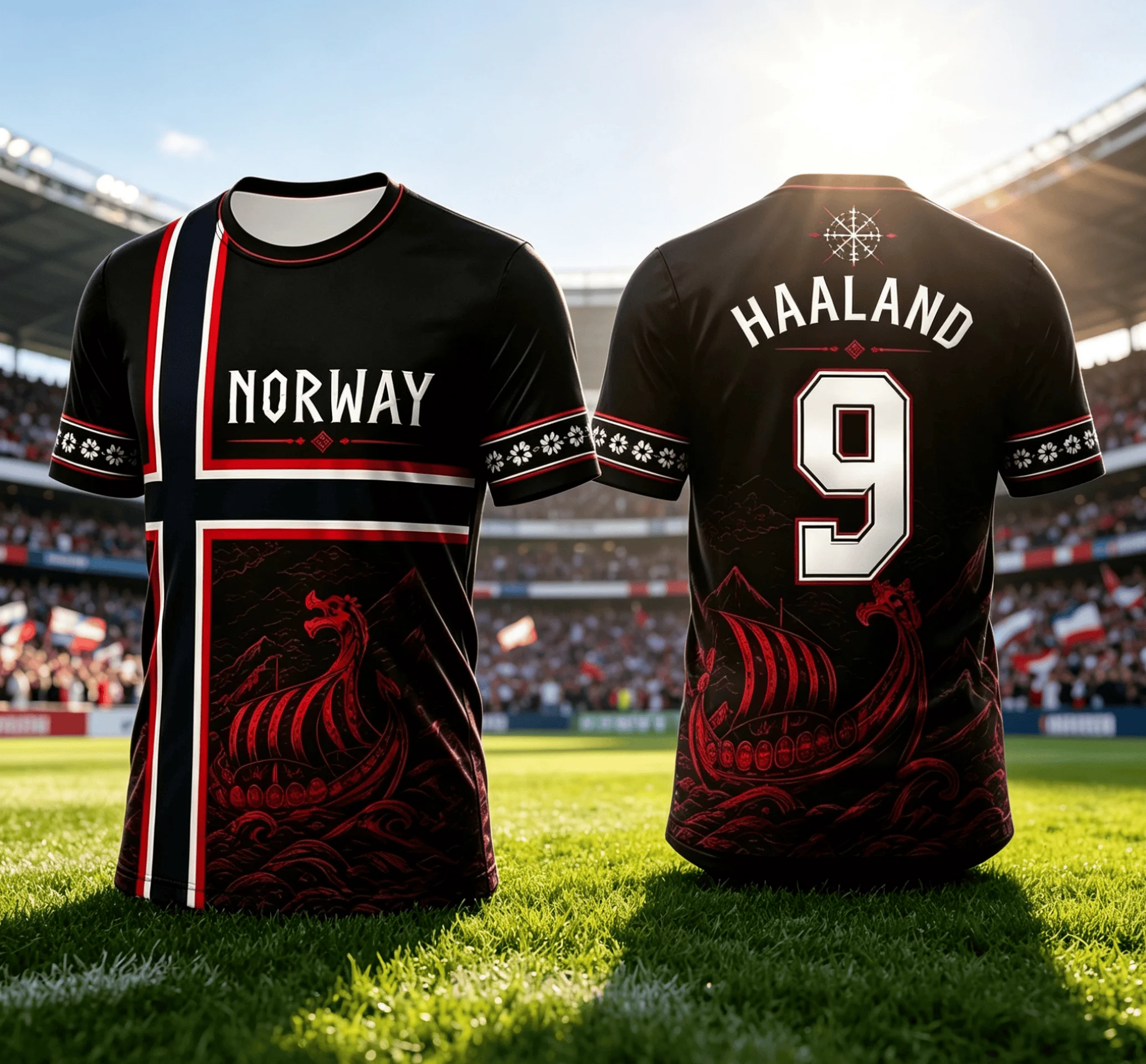 camisa-de-futebol-com-tema-viking-modelo-haaland-numero-9-da-noruega