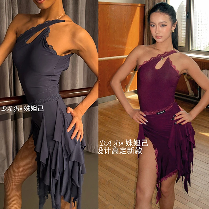 

Sexy Latin Dance Clothes Women Irregular Lace Tops Ruffled Fringe Skirts Purpl Black Dresses Latin Competition Clothing DNV27004