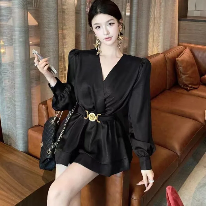 

Атласная женская рубашка с v-образным вырезом и перекрестной завязкой, весна-осень 2024, новый стильный топ с объемными рукавами