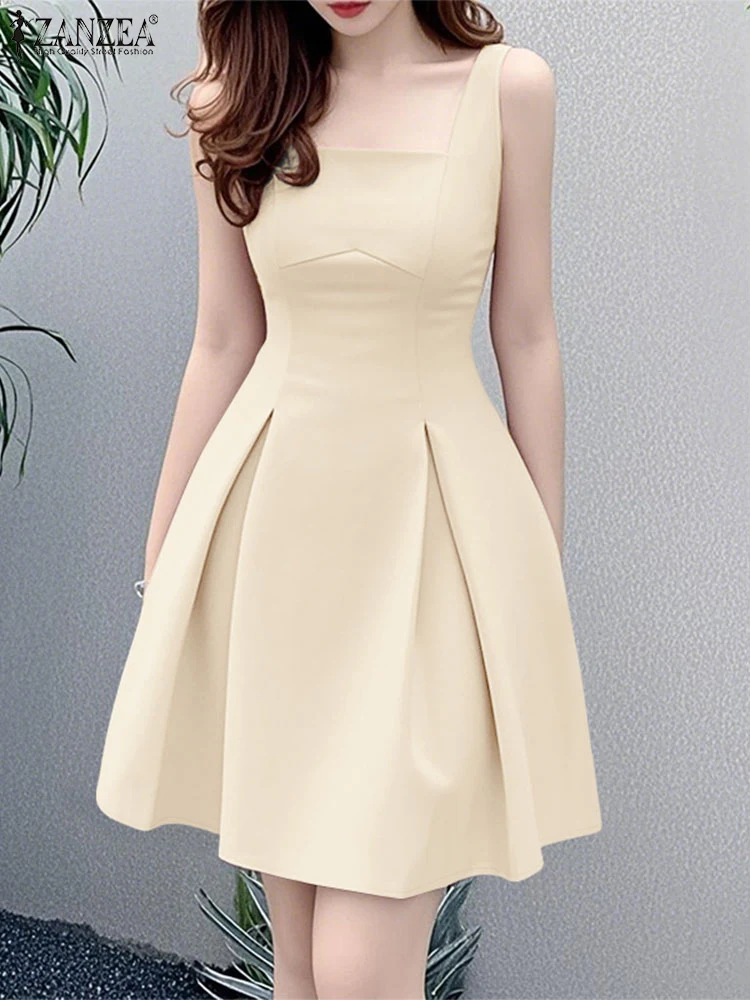 2025 Women Square Neck Sleeveless Party Dress ZANZEA Summer Sundress Elegant Solid A Line Mini Dresses Stylish Holiday Vestidos
