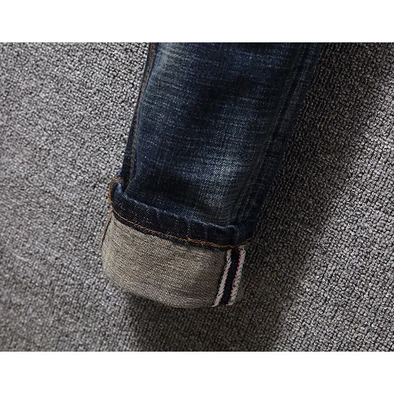 Fashion Designer Men Jeans High Quality Retro Washed Blue Stretch Slim Fit Ripped Jeans Men Vintage Casual Denim Pants Hombre