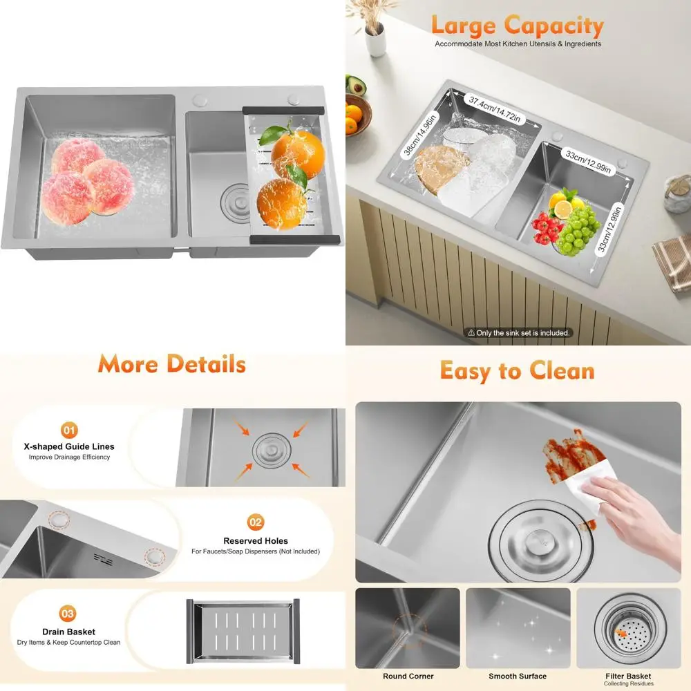 

Stainless Steel Double Bowl Kitchen Sink with X-Shaped Drainage and V-Shaped Design for Under-Counter Installation