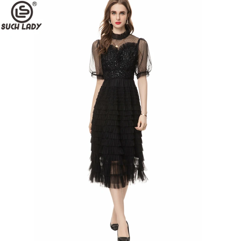 

Women's Runway Dresses O Neck Short Sleeves Beaded Mesh Layered Fashion Casual Vestidos