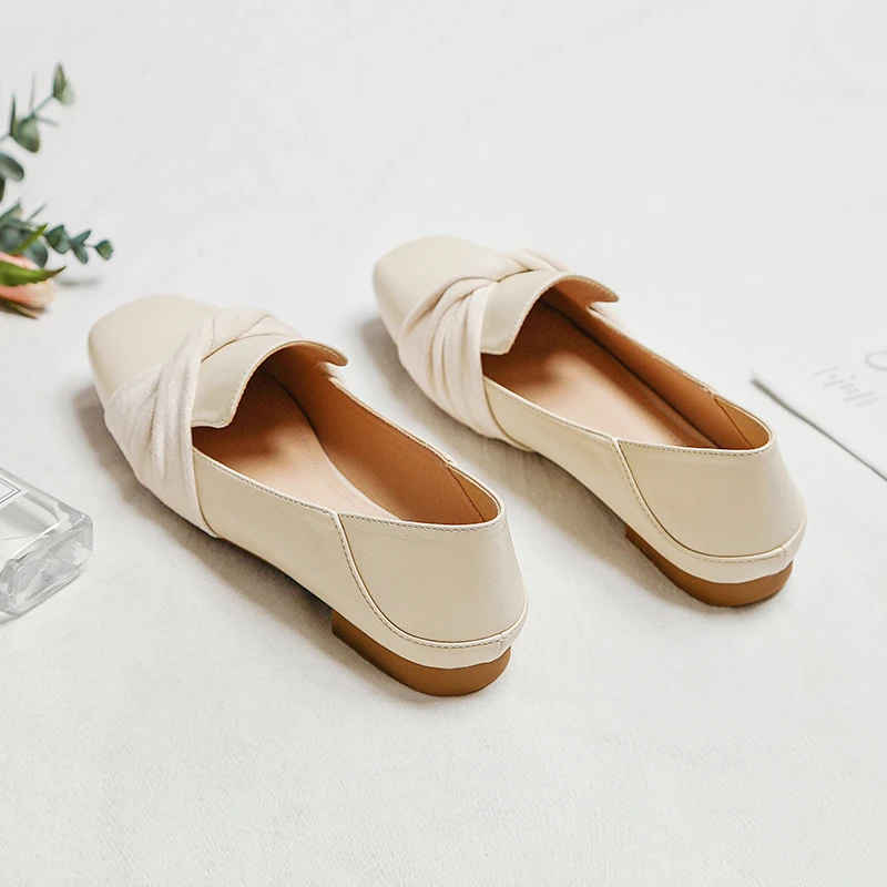 2022 Spring Summer New Flat Heel Shoes for Women Square Toe Beige Simple Concise Style Women Flats Large Size 31-46 Mocassions