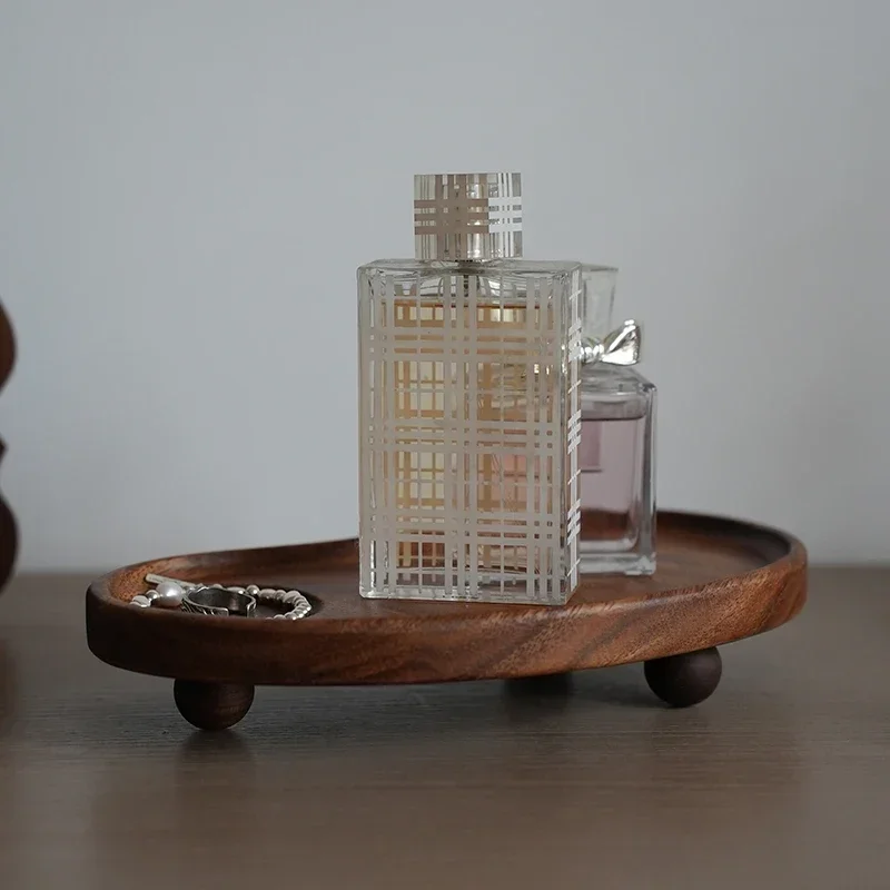 Retro Walnut Color Wooden Tray Round Aromatherapy Key Storage Rack Geometric Design Sense Dessert Tray Photo Props Decorative