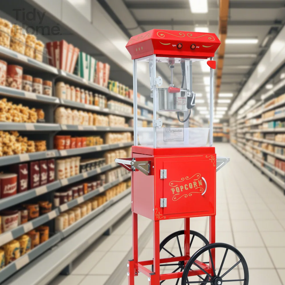 

Popcorn Machine with Cart, with Wheels & 6 Oz Pot Popcorn Maker Stainless Steel Oil Spoon, Mobile Cart with Lockers for Family