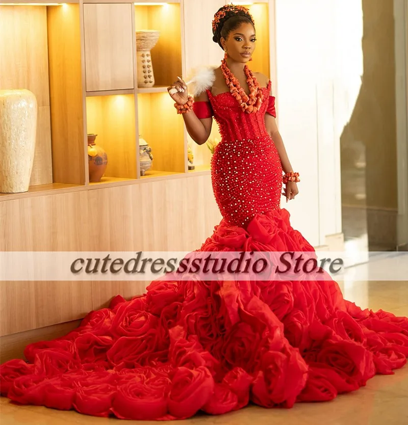 African Women Red Wedding Dresses Ruffles Glitter Luxury Beading Mermaid Bridal Gowns Nigerian Vestidos De Boda 2025 Customized