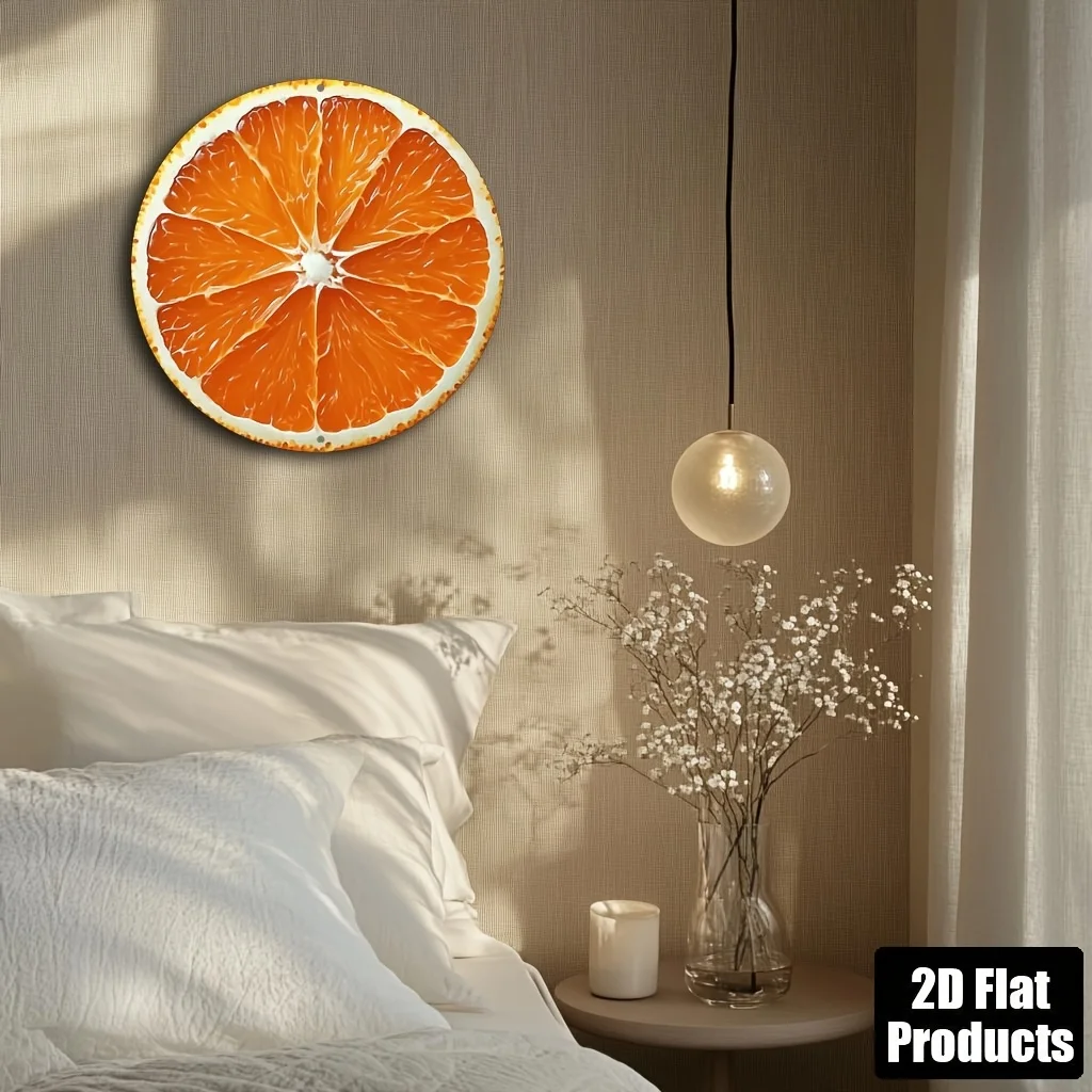 2D Flat - 2D Plane, 1pc, Orange Slice Themed Round Aluminum Metal Decorative Sign, Suitable for Bar Kitchen Cafe Home Office Dec