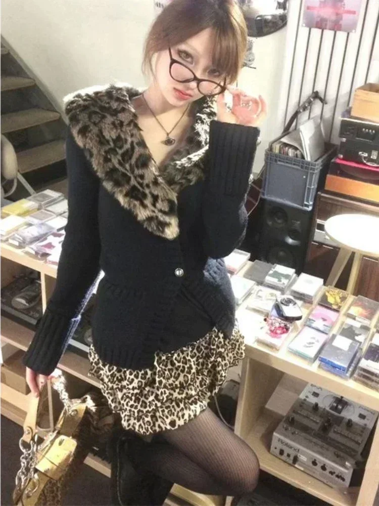 DEEPTOWN-cárdigan de leopardo para mujer, ropa de calle de manga larga con cuello en V japonés Gyaru, cárdigan Sexy ajustado, suéter Y2k Vintage,