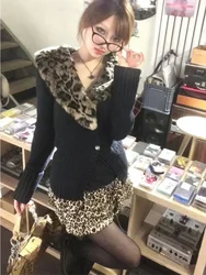 DEEPTOWN-cárdigan de leopardo para mujer, ropa de calle de manga larga con cuello en V japonés Gyaru, cárdigan Sexy ajustado, suéter Y2k Vintage, Top Autuam