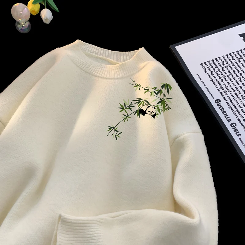 

Мужские свитера большого размера, осенне-белый вязаный свитер 5XL, повседневная одежда с принтом бамбуковой панды для мужчин, вязаные пуловеры, мужская одежда