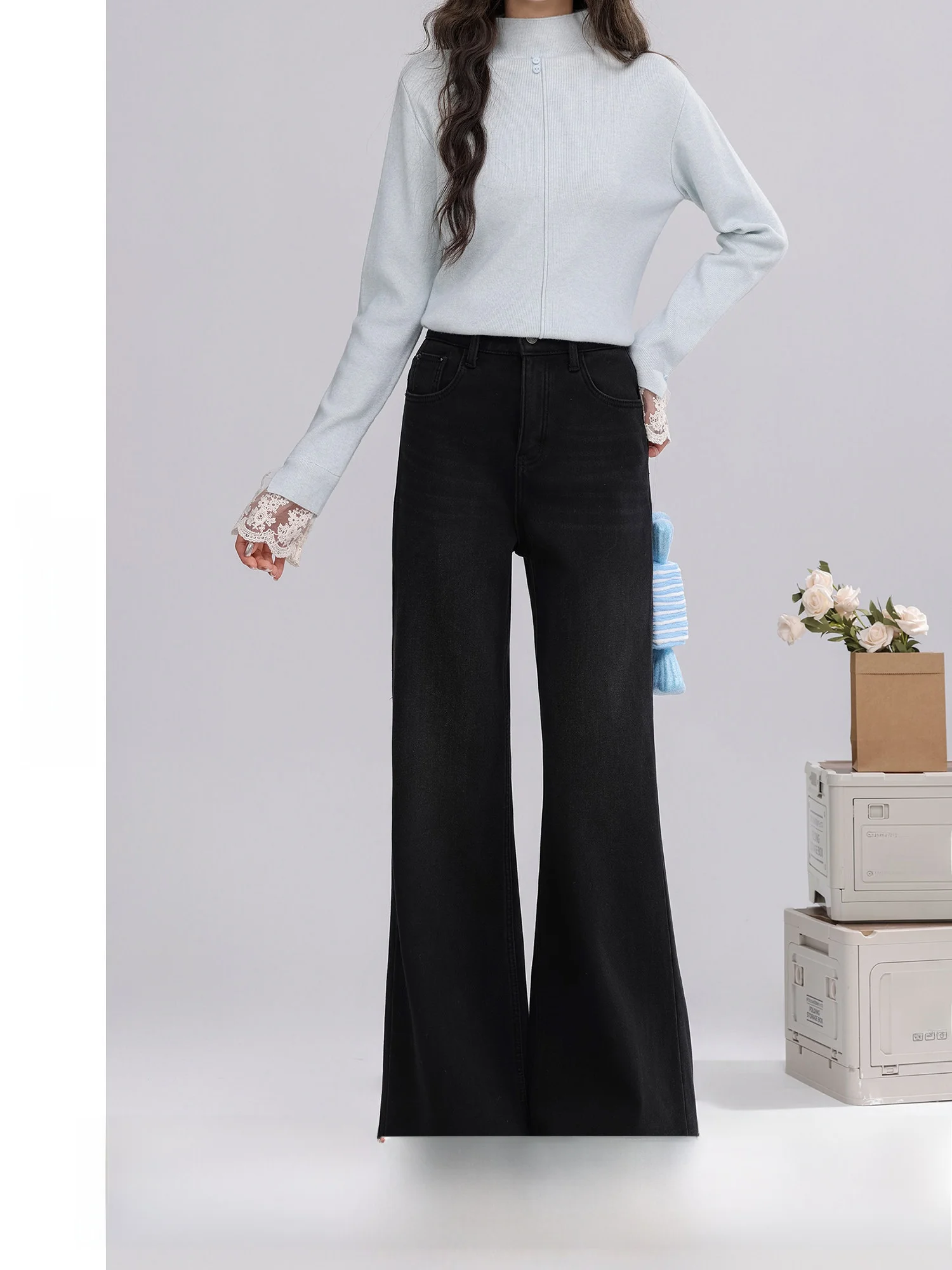 

Retro Winter Warm Fce Lined Wide Leg Pants ey Bla Women's Denim Jeans High Waist Zipper Closure Color Casual Tro...