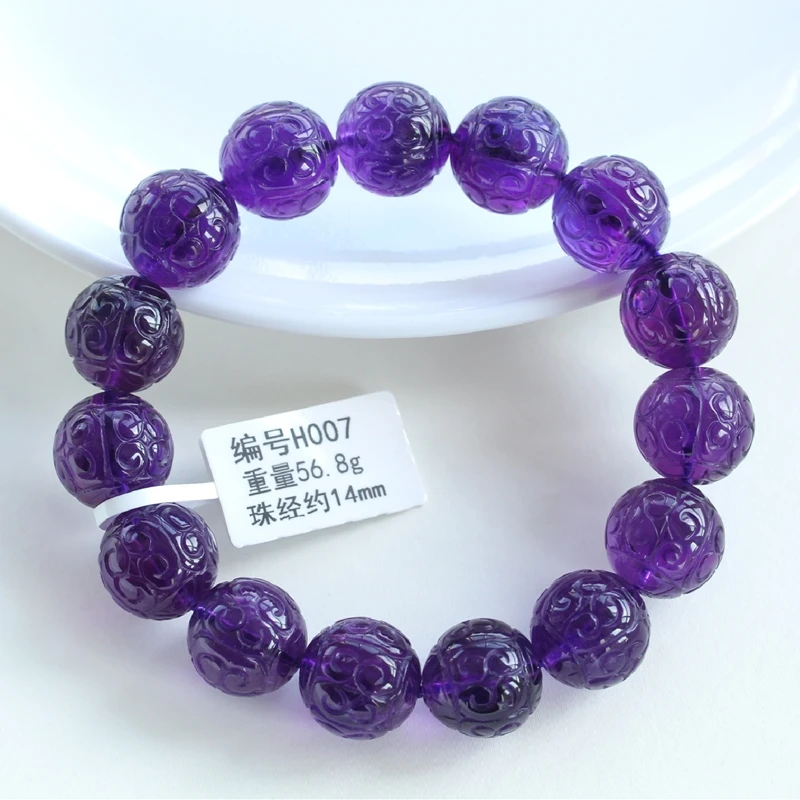 

Natural Purple Amethyst Quartz Bracelet 13mm 14mm Carved Amethyst Clear Round Beads Gemstone Woman Men Crystal AAAAAA